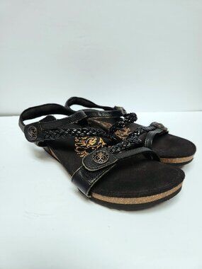 Aetrex Jillian Braided Quarter Strap Sandal Black Leather Wedge Cork Comfort 9